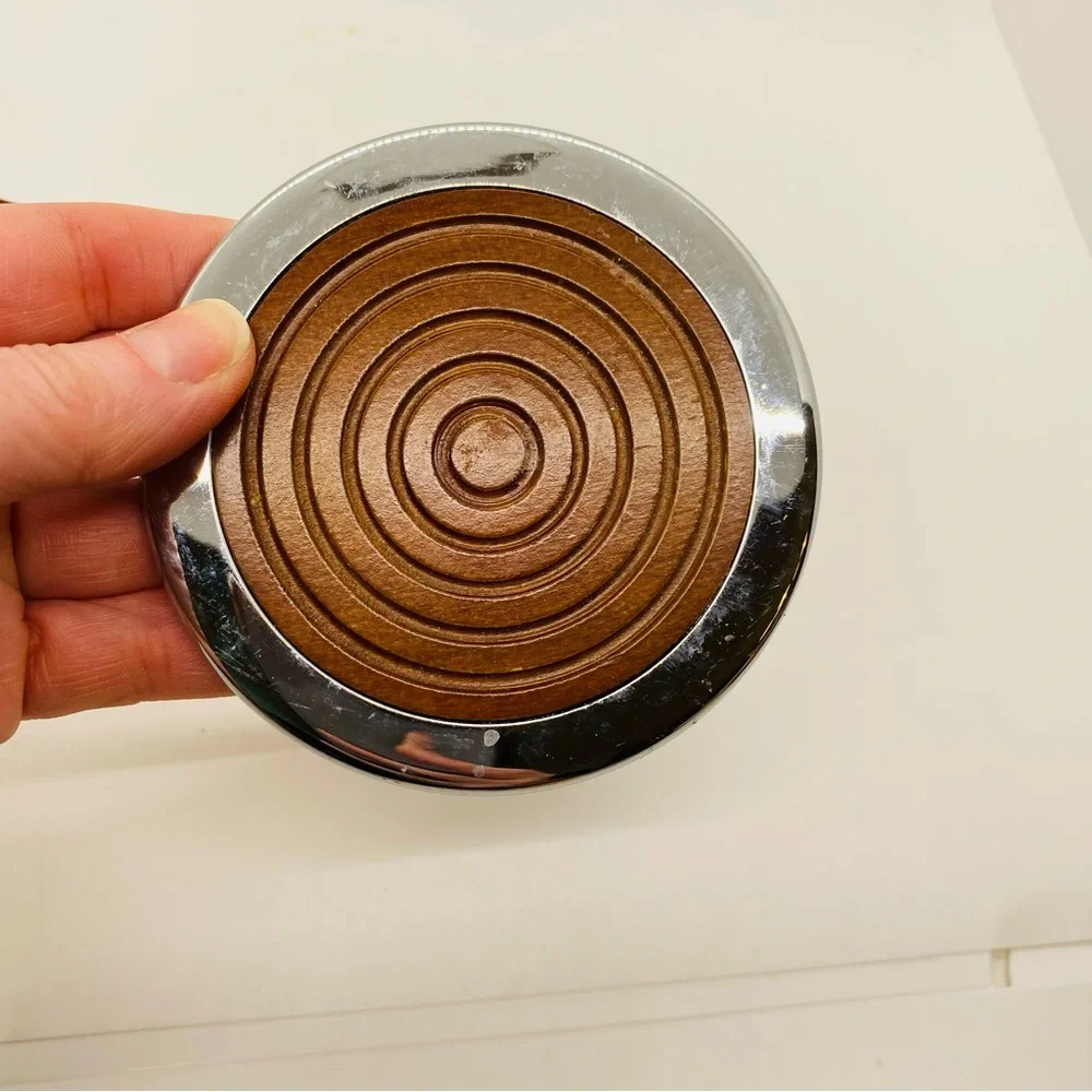 Williams Sonoma Wood and Metal Coasters With Holder. Velvet bottom.Gently Used.